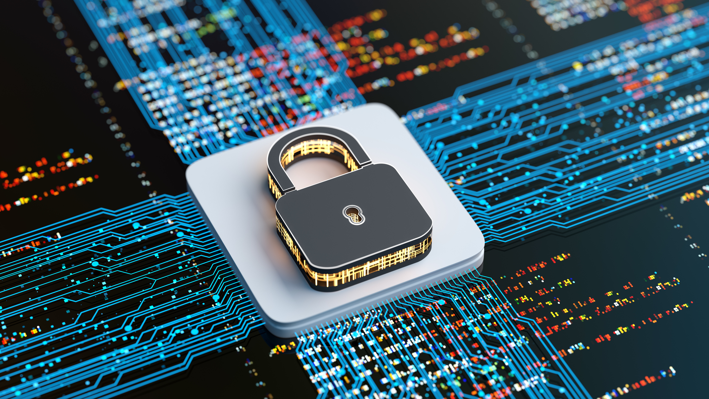 A padlock resting on a computer motherboard, symbolizing innovative technologies in security systems and data protection.