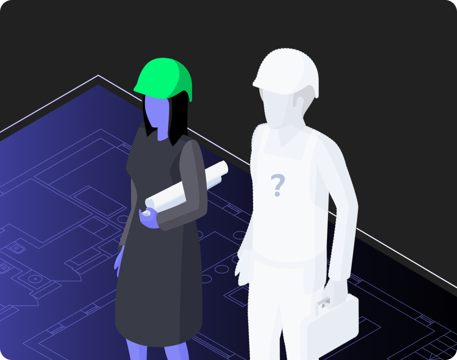 Two workers with plans on an architectural blueprint.